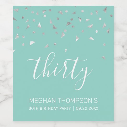 30e verjaardag Modern Mint Green Silver Confetti Wijn Etiket (Enkel label)
