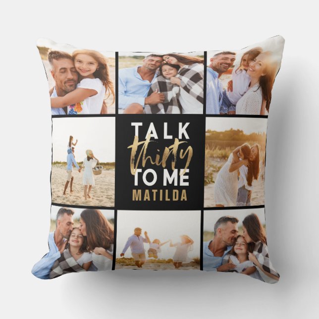30e verjaardag modern multi-foto gouden script kussen (Voorkant)