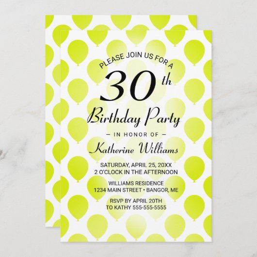 30e verjaardag Moderne Balloons Lime Green Kaart (Voorkant / Achterkant)