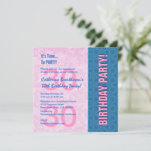 30e verjaardag Moderne roze en blauw B330 Kaart (Staand voorkant)