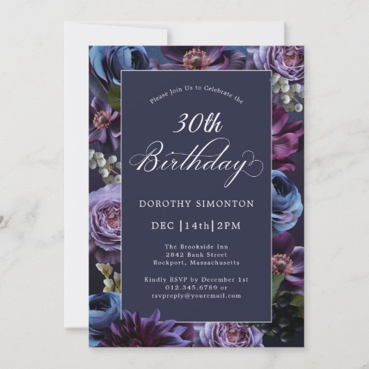 30e verjaardag Moody Paarse bloemenuitnodiging Kaart (Voorkant)