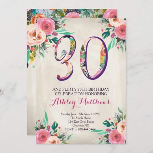30e verjaardag Mooie Bloemenuitnodiging, Kaart (Voorkant / Achterkant)