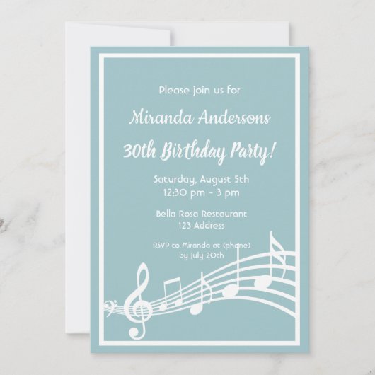 30e verjaardag muzieknoten blauwgroen blauw kaart (Voorkant)