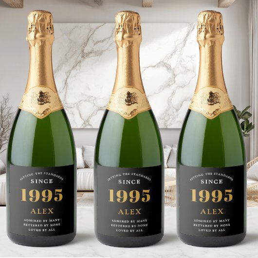 30e Verjaardag Naam 1995 Zwart Goud Elegant Chic Sparkling Wijnetiket