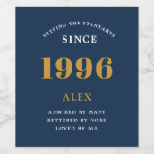 30e Verjaardag Naam 1996 Blauw Goud Elegant Chic Wijn Etiket (Enkel label)