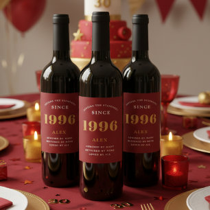 30e Verjaardag Naam 1996 Rood Goud Elegant Chic Wijn Etiket