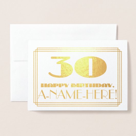 30e verjaardag; naam + Art Deco geïnspireerd look Folie Kaarten (Voorkant met envelop)