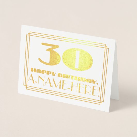 30e verjaardag; naam + Art Deco geïnspireerd look  Folie Kaarten (Voorkant)