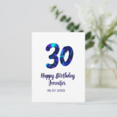 30e verjaardag naam datum jaar blauwe glans  briefkaart (Staand voorkant)