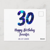 30e verjaardag naam datum jaar blauwe glans  briefkaart (Achterkant)