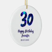 30e verjaardag naam datum jaar blauwe glans keramisch ornament (Rechts)