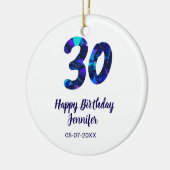 30e verjaardag naam datum jaar blauwe glans keramisch ornament (Links)