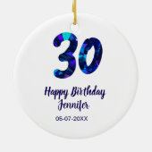 30e verjaardag naam datum jaar blauwe glans keramisch ornament (Achterkant)