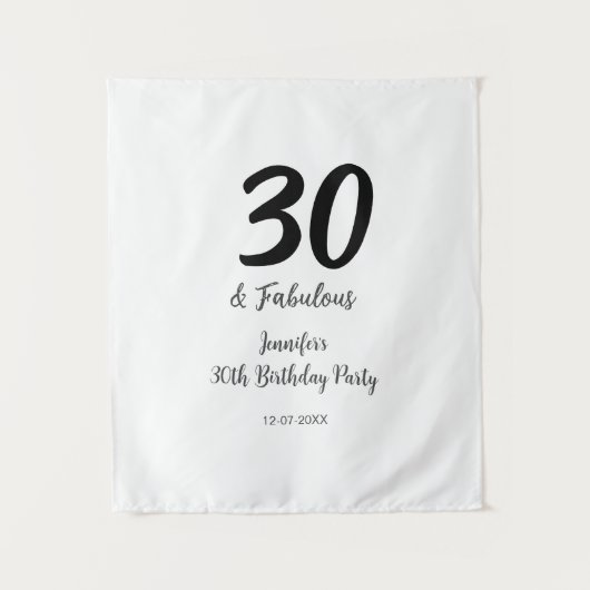 30e verjaardag naam datum jaar zwart wandkleed (Voorkant)