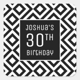 30e verjaardag naam moderne zwart wit geometrische vierkante sticker