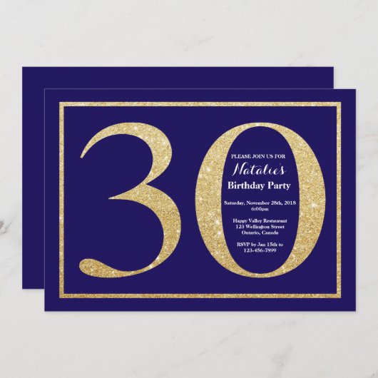 30e verjaardag Navy Blauw en Goud Glitter Kaart (Voorkant / Achterkant)