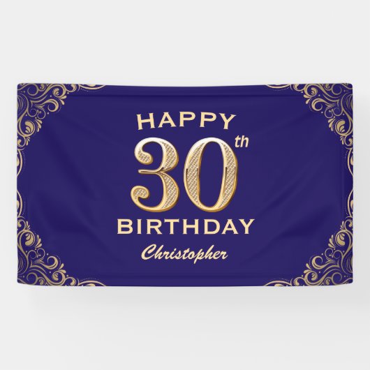 30e verjaardag Navy Blue en Gold Glitter Spandoek (Horizontaal)