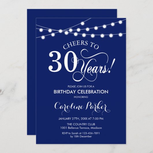 30e verjaardag - Navy Blue Wit Kaart (Voorkant / Achterkant)