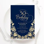 30e verjaardag Navy Gold Rozen Kaart<br><div class="desc">Navy goud elegante 30e verjaardag uitnodiging. Klassiek ontwerp met rozen,  faux gouden folie en typografie script lettertype. Trendy uitnodigingskaart ideaal voor een stijlvol vrouw bday-feest. Personaliseer met uw eigen gegevens. Kan worden aangepast aan elke leeftijd. Gedrukte Zazzle-uitnodigingen of direct downloadbare digitale afdrukbare sjabloon.</div>