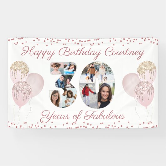 30e verjaardag nummer 30 Cutout 8 foto's Roos Gold Spandoek (Horizontaal)