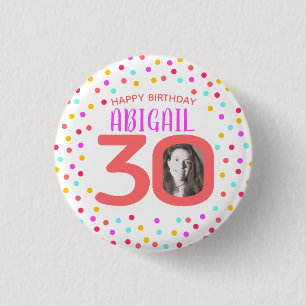 30e verjaardag op maat van foto kleurrijk koraal ronde button 3,2 cm