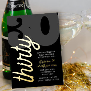 30e Verjaardag Oversized Dertig Schrift Zwart Goud Folie Uitnodiging
