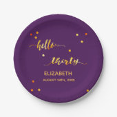 30e verjaardag paars goud hallo 30 naamscript papieren bordje (Voorkant)