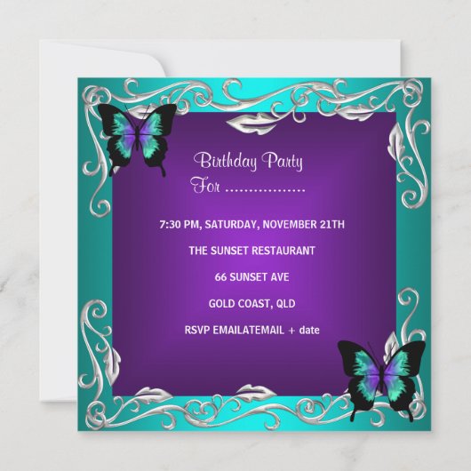 30e verjaardag Paarse Blauwgroen Butterflies Silve Kaart (Achterkant)