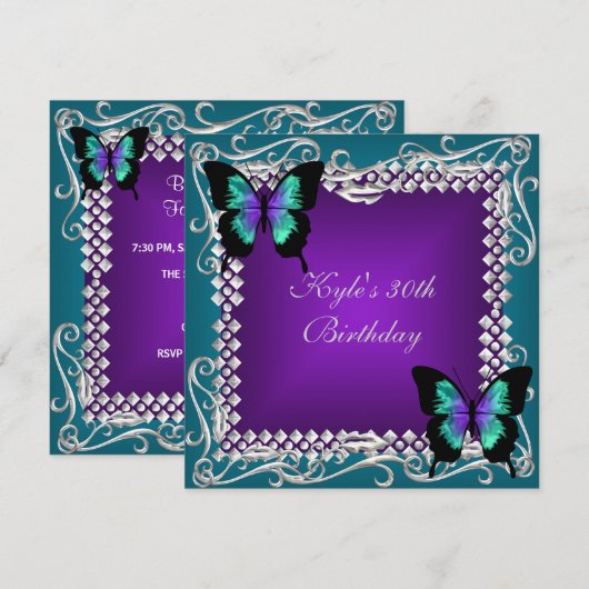 30e verjaardag Paarse Blauwgroen Butterflies Silve Kaart (Voorkant / Achterkant)