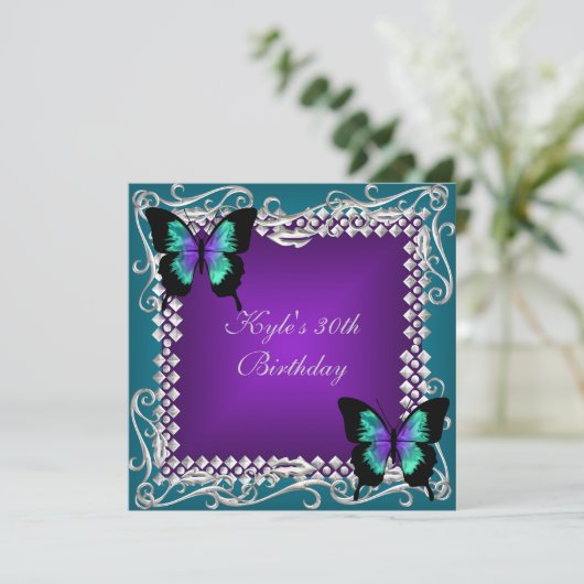 30e verjaardag Paarse Blauwgroen Butterflies Silve Kaart (Staand voorkant)