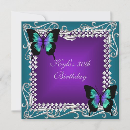 30e verjaardag Paarse Blauwgroen Butterflies Silve Kaart (Voorkant)