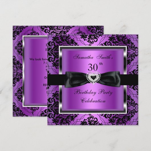 30e verjaardag Paarse Damask Silver Black Kaart (Voorkant / Achterkant)