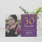 30e Verjaardag Paarse Gouden Confetti Foto Modern Kaart (Staand voorkant)