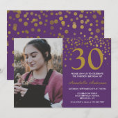 30e Verjaardag Paarse Gouden Confetti Foto Modern Kaart (Voorkant / Achterkant)