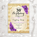30e verjaardag - Paarse goudstapes Rozen Kaart<br><div class="desc">30e uitnodiging van de verjaardag. Elegant design in goud en paars. Met faux glitter Gold stripes,  paarse rozen en stijlvolle scriptlettertypen en confetti. Ideaal voor een glam verjaardagsfeestje.</div>