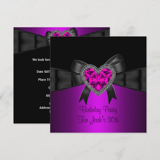30e verjaardag Paarse Roze Heart Jewel Black Kaart (Voorkant / Achterkant)