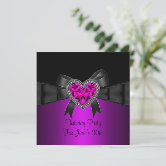 30e verjaardag Paarse Roze Heart Jewel Black Kaart (Staand voorkant)