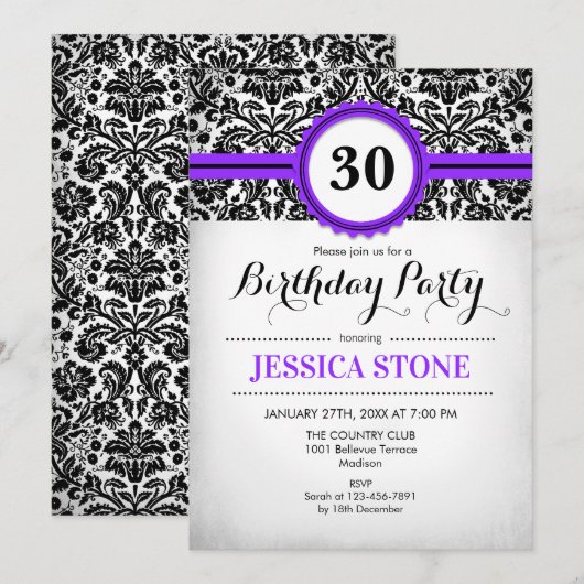 30e verjaardag - Paarse zwart wit damast Kaart (Voorkant / Achterkant)
