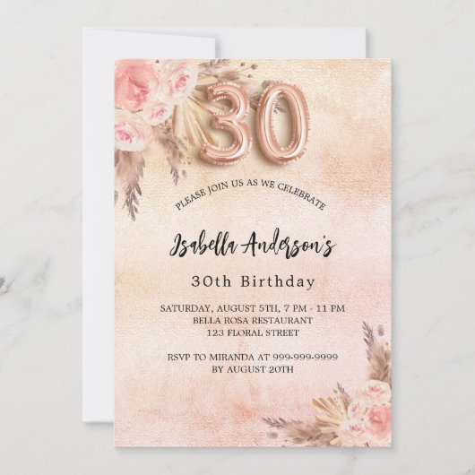 30e verjaardag pampas gras roos goudbloemen kaart (Voorkant)