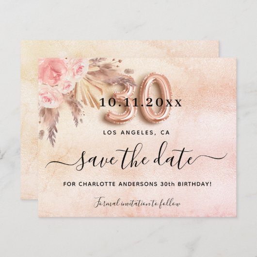 30e verjaardag Pampas roos Bewaar de datumkaart (Voorkant / Achterkant)