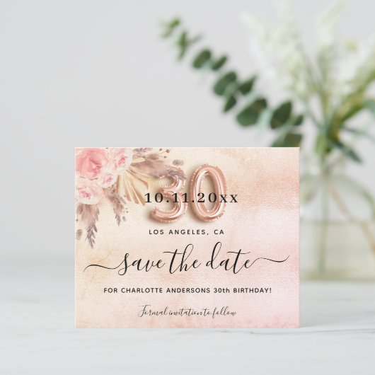 30e verjaardag Pampas roos Bewaar de datumkaart (Staand voorkant)