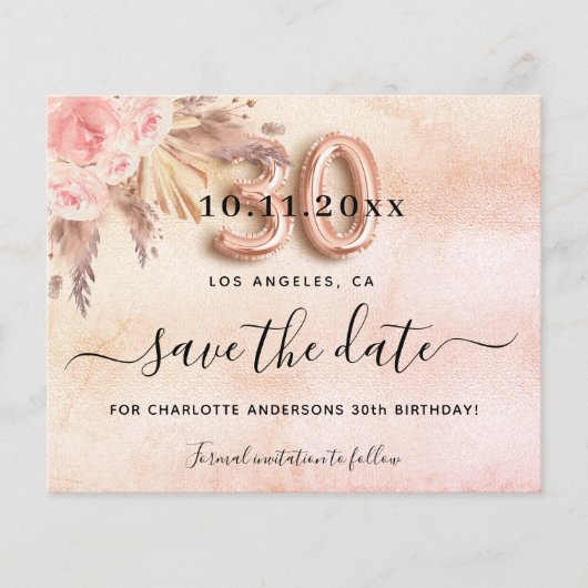 30e verjaardag pampas roze save the date budget flyer (Voorkant)