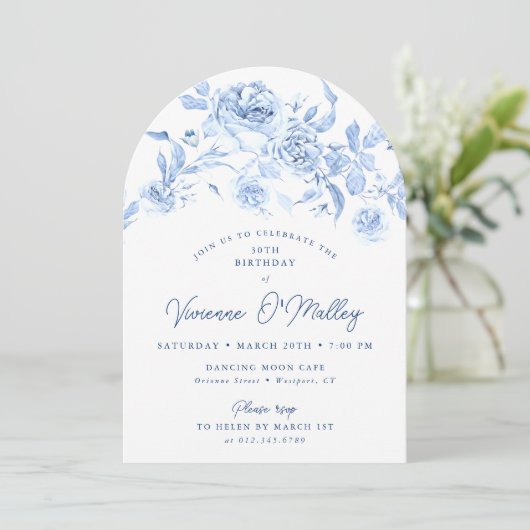 30e Verjaardag Party Blauwe Bloemboog Vorm Kaart (Staand voorkant)