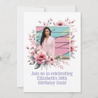 30e Verjaardag Party Custom Photo Floral Lijst Kaart