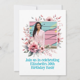 30e Verjaardag Party Custom Photo Floral Lijst Kaart