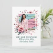 30e Verjaardag Party Custom Photo Floral Lijst Kaart (Staand voorkant)