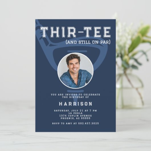 30e Verjaardag Party Foto Modern Golf Navy Blue Kaart (Staand voorkant)