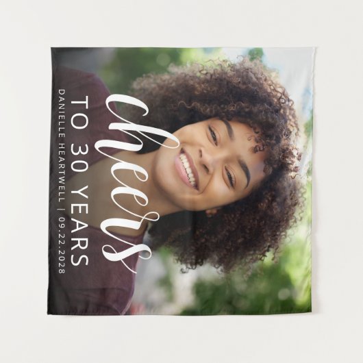 30e verjaardag Party Foto Wit Script Cheers Wandkleed (Voorkant (horizontaal))