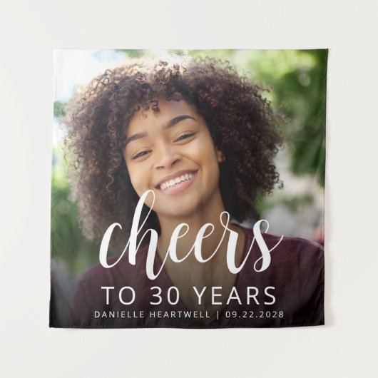 30e verjaardag Party Foto Wit Script Cheers Wandkleed (Voorkant)