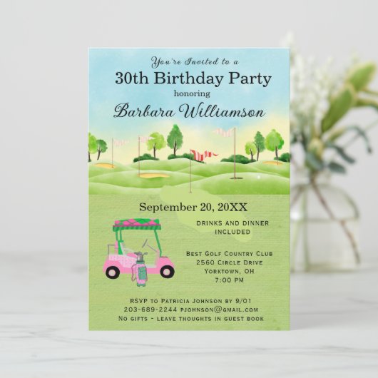 30e verjaardag Party Lady Golfer thema uitnodiging (Staand voorkant)
